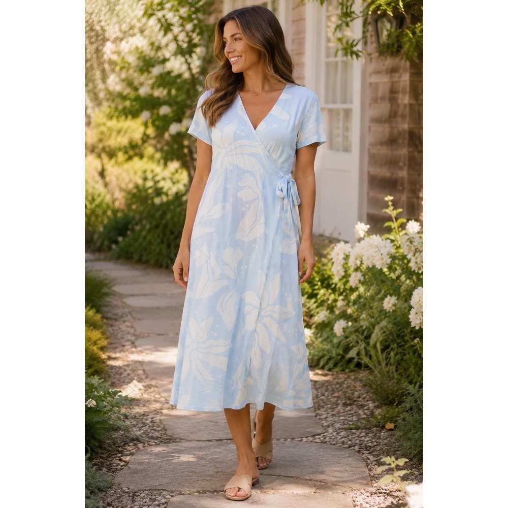 Happy Earth Organic Cotton Wrap Dress Blue White Floral Short Sleeve Size L NWT